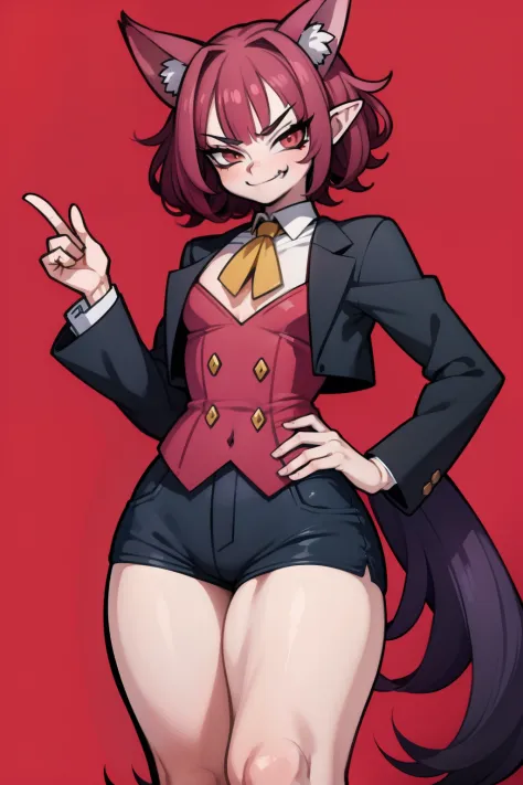 Anime character, high detail, Detailed art style, (smug smirk:1.4), vampire fangs, elf ears, short red curly hair, little chest, tailcoat, Short shorts, full length, the perfect body,