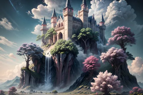 Generate a realistic fantasy landscape with beautiful, ornate romantic buildings, floating islands, crystalline waterfalls strea...