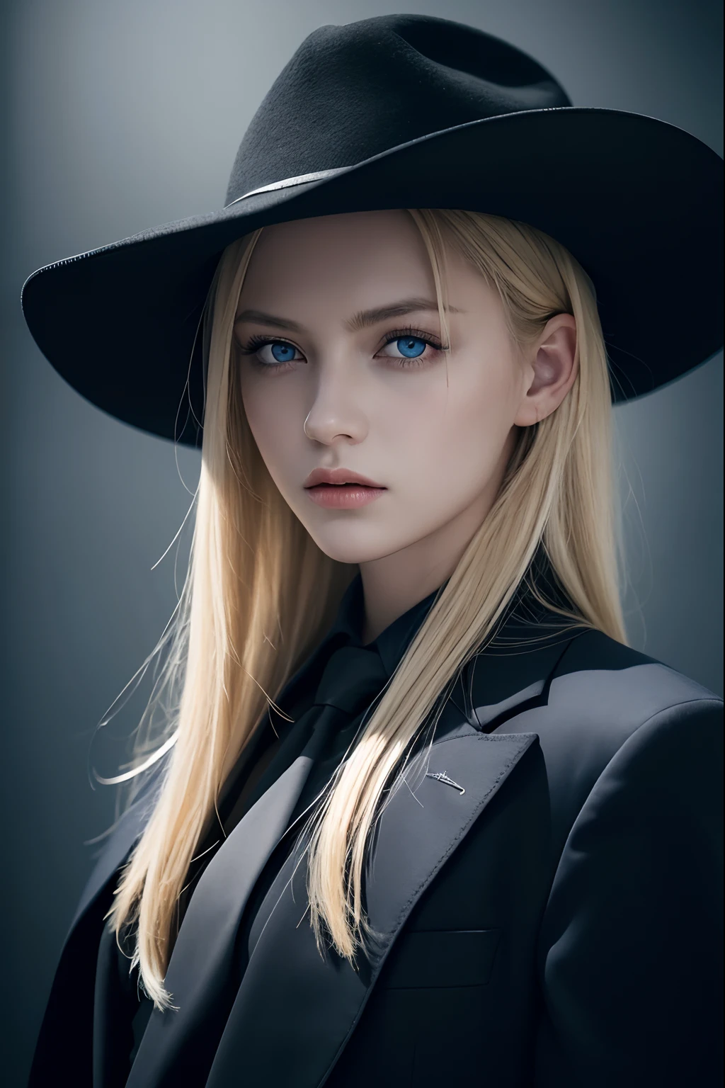 Best quality, masterpiece, ultra high res, (photorealistic:1.4), raw photo, 1girl, blonde hair, blue eyes, detailed eyes and face, black suit, dynamic lighting, in the dark, deep shadow, low key, cowboy shot full-lenght body