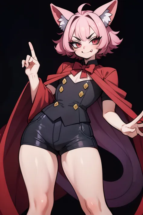 Anime character, high detail, Detailed art style, (smug smile:1.4), vampire fangs, elf ears, short red curly hair, little chest, tailcoat, Short shorts, full length, the perfect body,