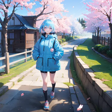 woman with short light blue hair running、a path lined with flourishing cherry blossom trees、parka、wearing earphones、sharp eyebro...