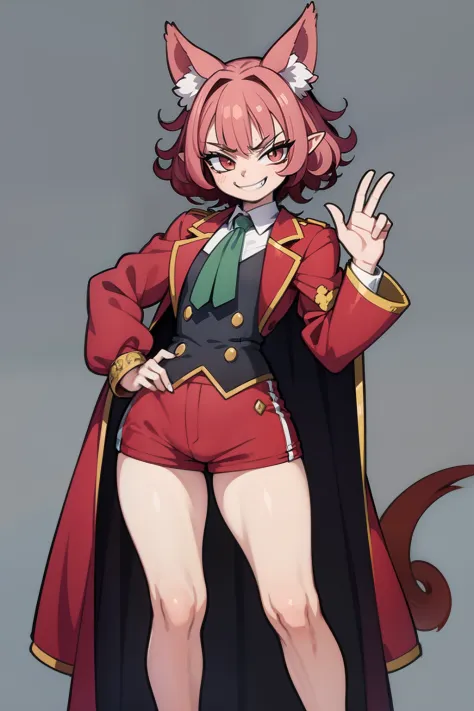 Anime character, high detail, Detailed art style, (smug smile:1.4), sharp teeth, elf ears, short red curly hair, little chest, tailcoat, Short shorts, full length, the perfect body,