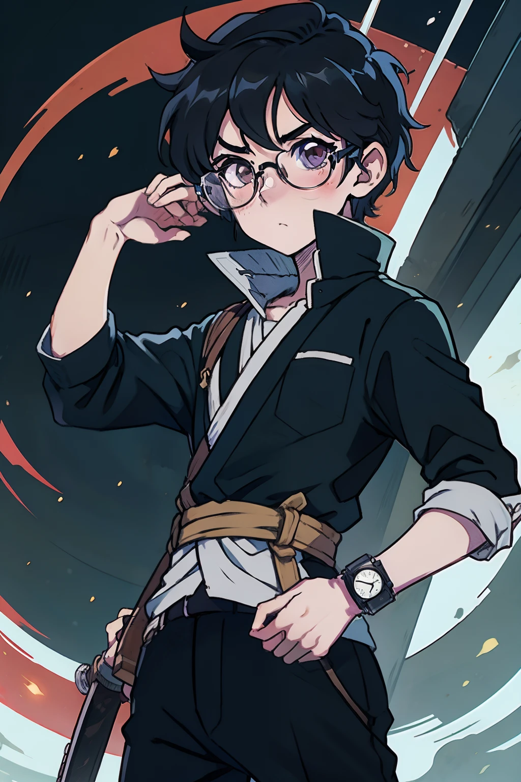 Anime boy with black hair and glasses holding a watch, Demon Slayer rui fanart, cara bonito na arte demon slayer, Eren Yeager, fanart oficial, shigenori soejima illustration, fanart detalhado, Retrato de Eren Yeager, imagem do avatar, Digital anime illustration, por Shingei, anime, em estilo anime, anime moe artstyle