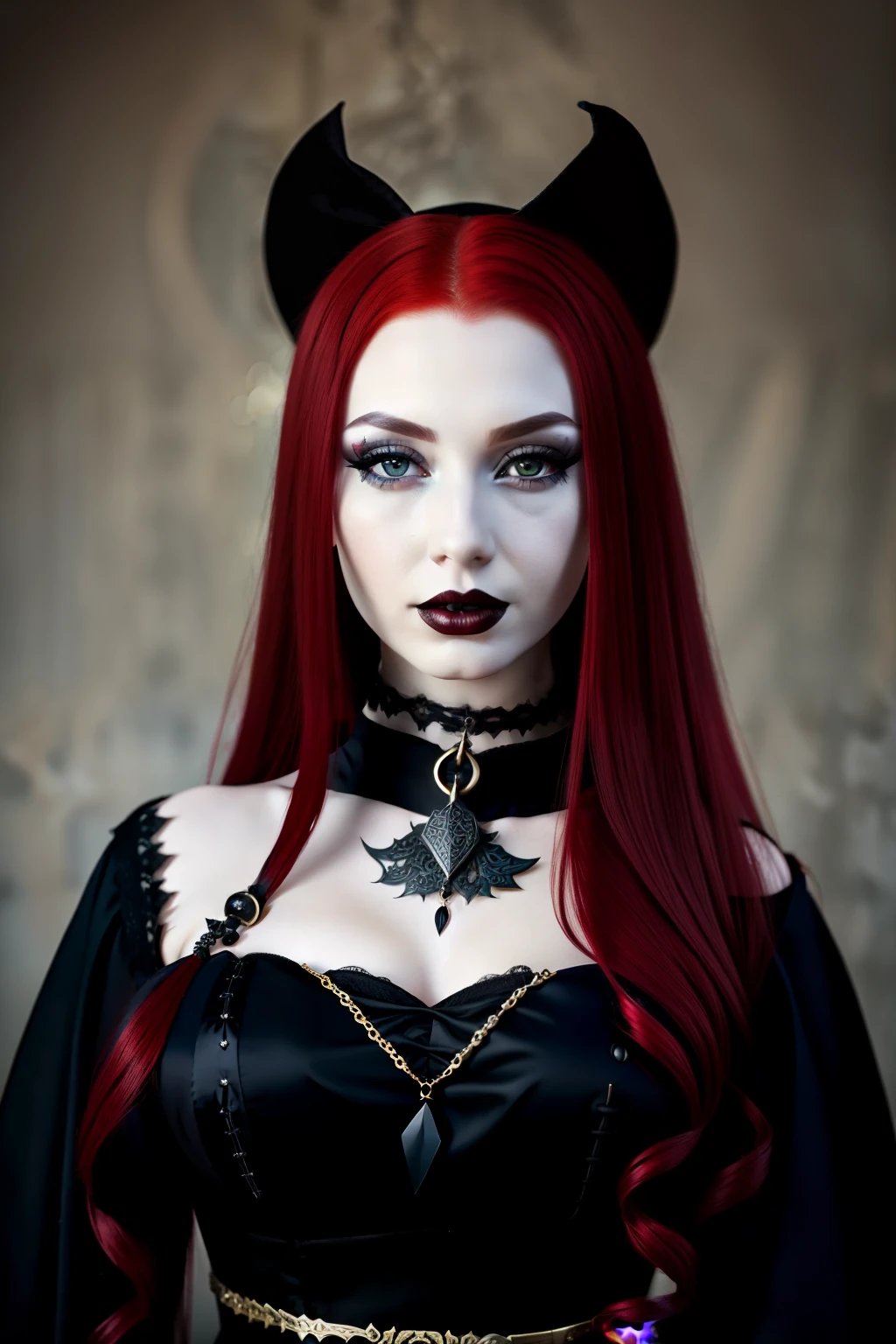 can you make a portrait of a young witch, very beautiful with red hair and pale skin, she has heavy make-up and black lipstick, she wears a black bodice and wears amulets around her neck, award-winning photo, hd, natural lights, neutral background --ar 2:3