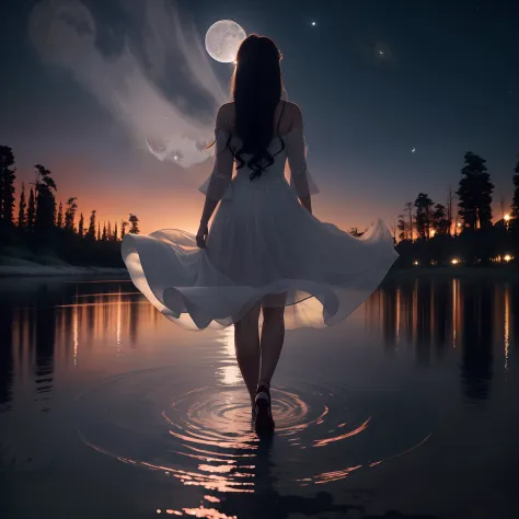 Arafed woman in a red dress walking on water at night, The moon behind her, she is walking on a river, Deusa da Lua, Deusa da Lua, walking towards the full moon, Fae's moonlight dance, Marcos Adamus, Standing in the moonlight, wearing a white flowing dress...