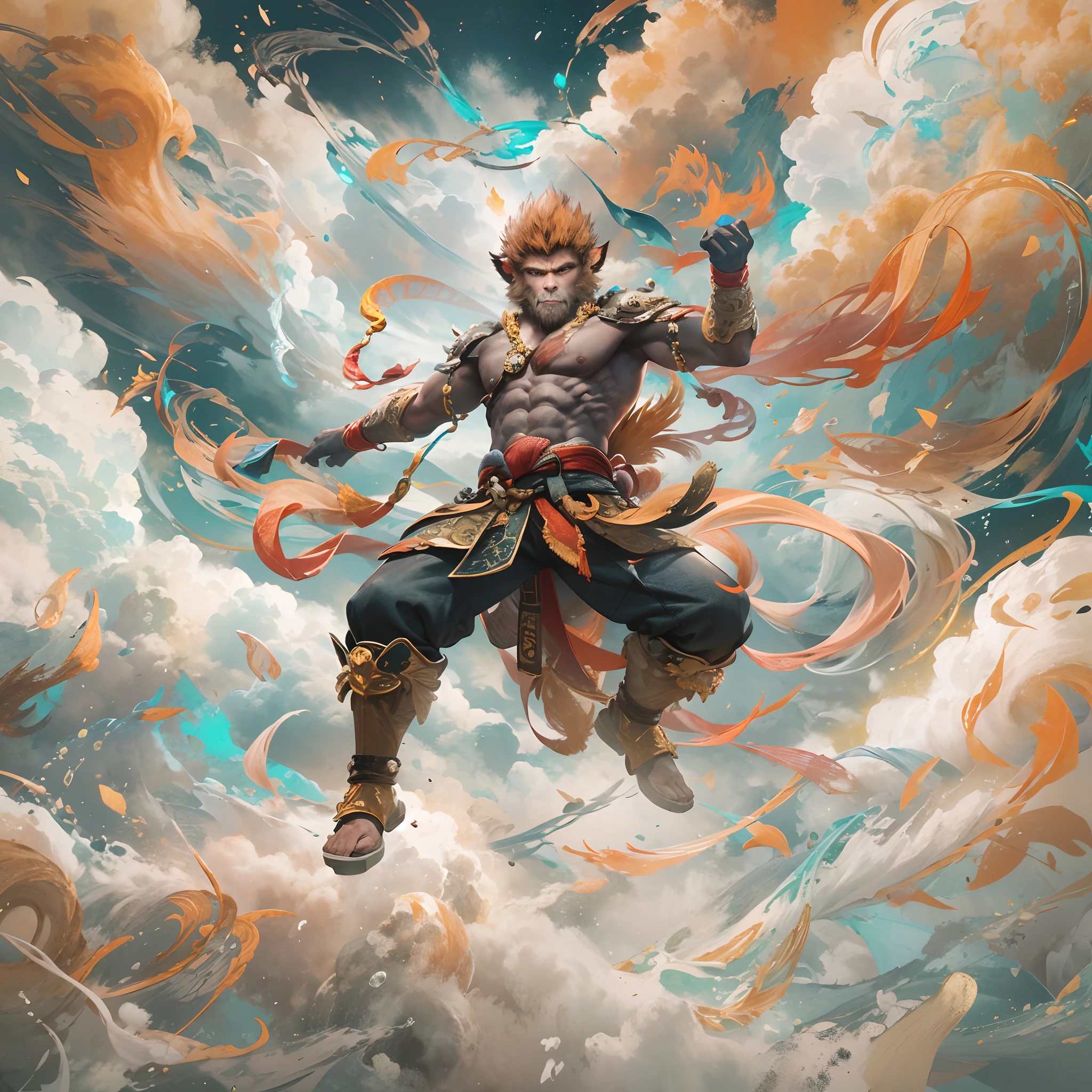 Colorful clouds，Dancing in the sky, wukong \(black myth\),  Ink painting style, Clean colors, decisive cutting, White space, freehand brushwork, Soft lighting，dreamy glow， ( Bokeh)，Masterpiece, Super detailed, Epic composition, Highest quality, 4K，
