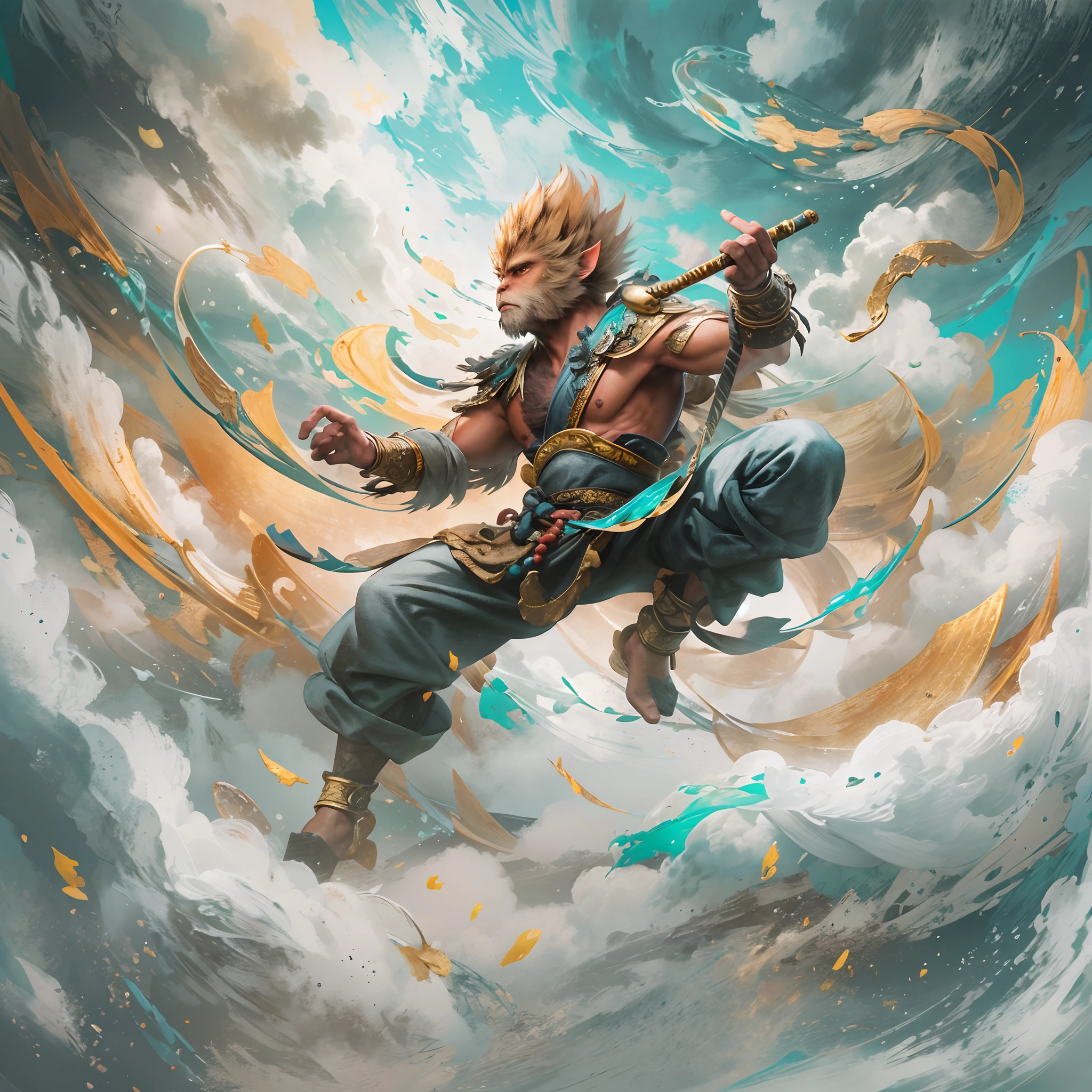 Colorful clouds，Dancing in the sky, wukong \(black myth\),  Ink painting style, Clean colors, decisive cutting, White space, freehand brushwork, Soft lighting，dreamy glow， ( Bokeh)，Masterpiece, Super detailed, Epic composition, Highest quality, 4K，