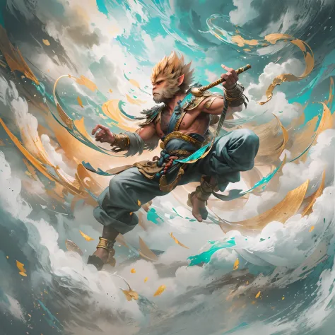 Colorful clouds，Dancing in the sky, wukong \(black myth\),  Ink painting style, Clean colors, decisive cutting, White space, fre...