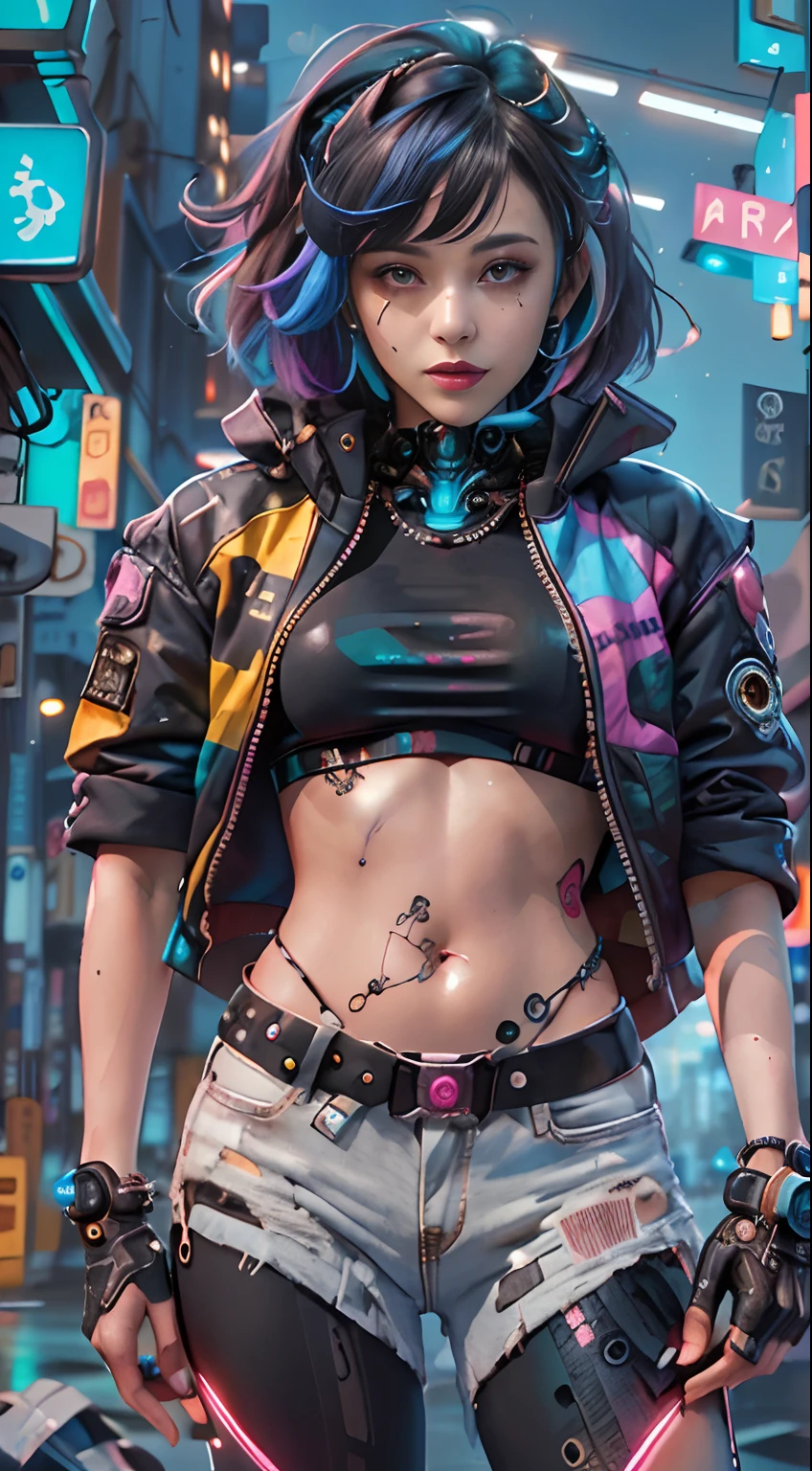 parte mestre, melhor qualidade, 1 Garota cyberpunk, tiro de corpo inteiro, em pé na frente da motocicleta, Olhando para o Viewer, Garota cyberpunk confiante com expressão atrevida, Roupa pop inspirada em Harajuku, Cores e padrões ousados, acessórios atraentes, penteado moderno e inovador, maquiagem vibrante, Paisagem urbana deslumbrante cyberpunk, arranha-céus, Placas de neon, luzes led, esquema de cores vivas e brilhantes, anime, ilustração, Textura detalhada da pele, textura de pano detalhada, Rosto bonito e detalhado, detalhes intrincados, ultra detalhado.