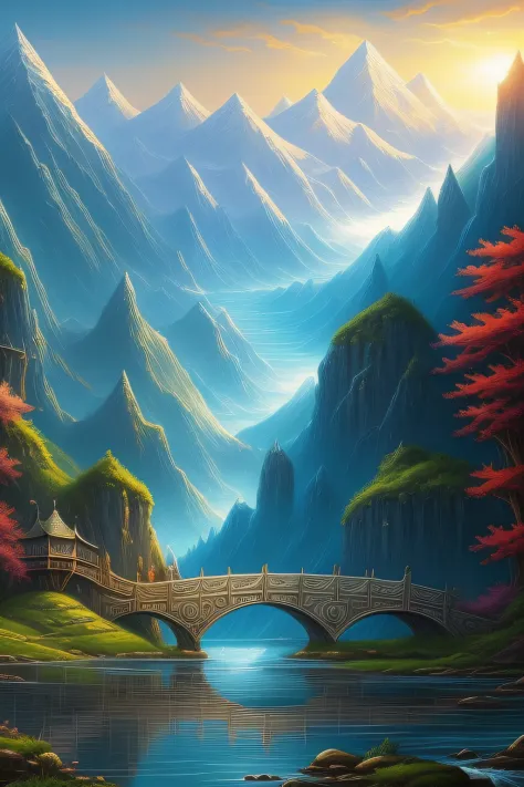 A painting of a bridge over a river，The background is a mountain, impressive fantasy landscape, Symmetrical epic fantasy art, 4K fantasy art, Fantasy art landscape, detailed fantasy digital art, Art fantastique grand angle, 8K fantasy art, Epic fantasy dig...
