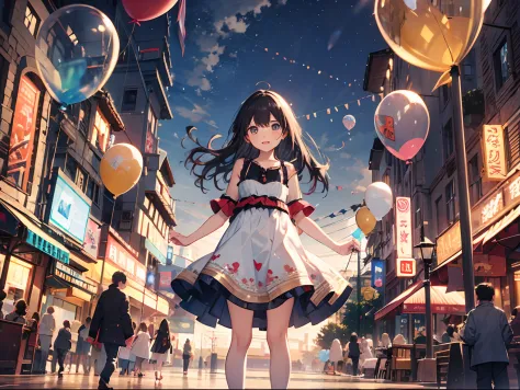 Cute little girl s，shift dresses，a lot of balloons，transparent pubic hair，balloons，。An amusement park，，the complex background，CG art，tmasterpiece，high qulity，depth of fields，Storytelling images，