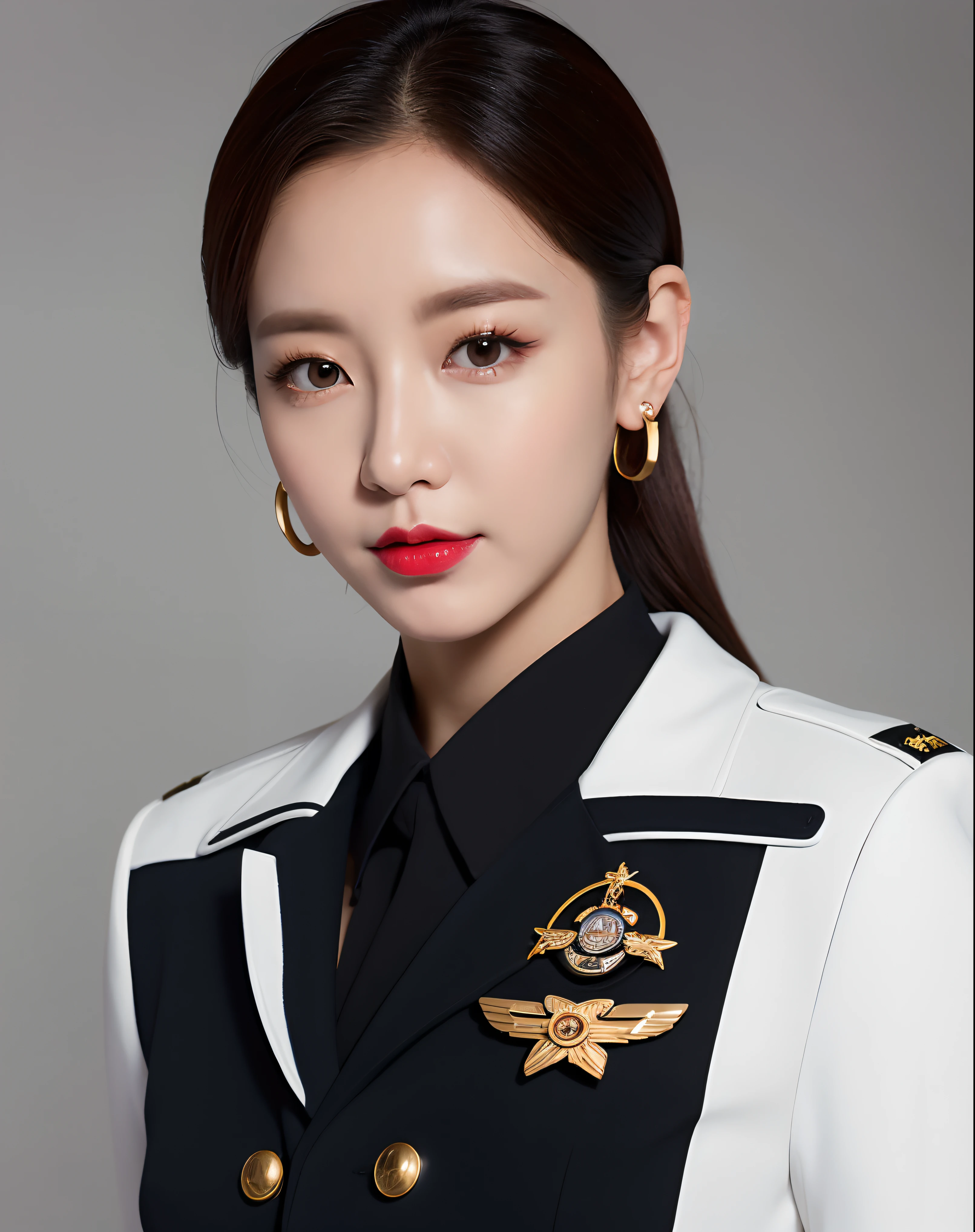 Solo，(8K, Best quality: 1.2), (Masterpiece, Photorealistic: 1.3), Super detail, Anatomically correct, A South Korean pilot in his 20s,White pilot uniform, gold hoop earrings, Red lipstick,black lence stockings