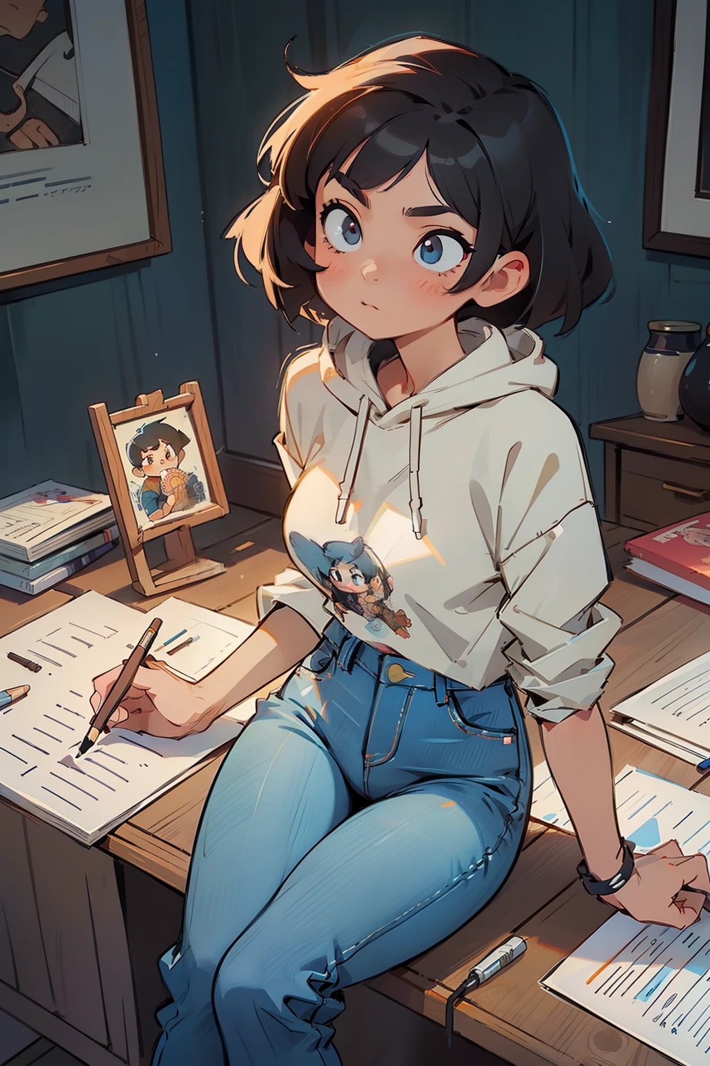 masterpiece, best quality, high detailed, concept art, (anime:0.55), (nsfw:0.25), sitting in chair, wolf cut hair style, short black hair, pretty eyes, plain clothes, normal clothing, cowboy shot, pretty, very pretty, beautiful lighting, pretty girl, big breasts, thick thighs, tiny waist, white, asian, Caucasian, light skin, deep in thought, dynamic angle, perspective, head down in thought, focusing on drawing, pants, jeans, shirt, hoodie, holding pencil, looking down, artist, artist drawing, drawing artist, artist girl drawing something