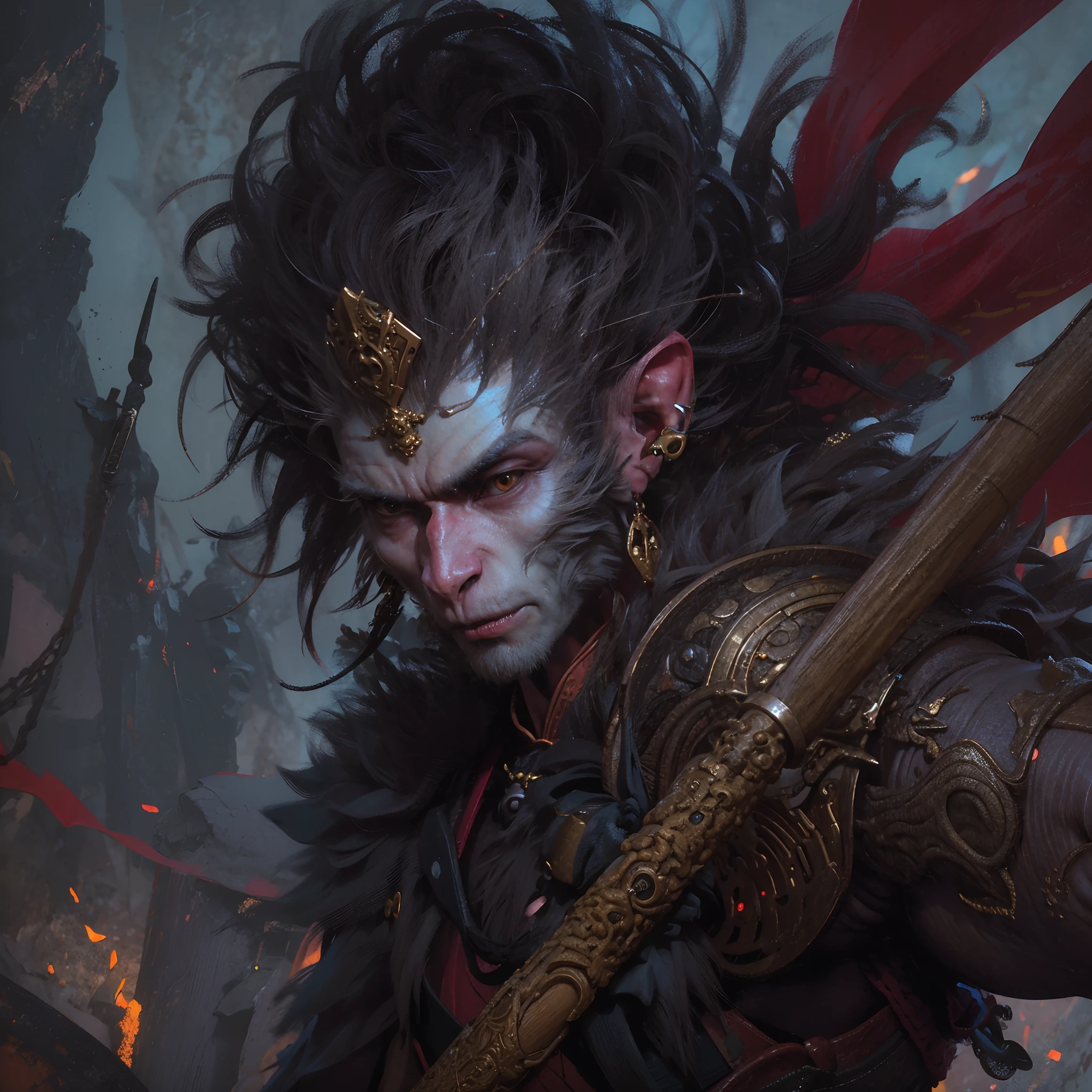 Close-up of a man with a sword in his hand, mohrbacher, by Yang J, peter mohrbacher c 2 0, peter mohrbacher art style, style of peter mohrbacher, graphic artist peter mohrbacher, peter mohrbacher highly detailed, Wukong, peter mohrbacher donato giancola, fantasy concept art portrait