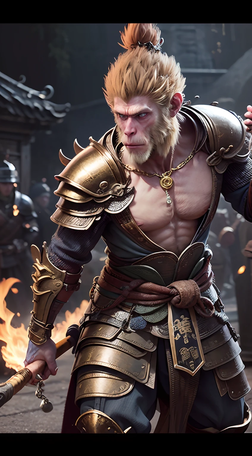 La combinaison de combat de Monkey King se distingue par son design unique。Il porte une cotte de mailles en or，La robe est composée d&#39;innombrables petits anneaux métalliques，verrouillage，Formez une armure solide，Protégez-le des attaques ennemies。Sur la poitrine de l&#39;armure se trouve un singe doré，C&#39;est le signe du Roi Singe，C&#39;est aussi un symbole de sa force et de sa sagesse。Il portait une jupe en peau de tigre autour de sa taille，Faites pivoter la tige du cerceau doré dans votre main，Formation de tourbillon，flamme，Oeil de feu Oeil d&#39;or，yeux dorés，Coups d&#39;action，mouvements fluides，courir，