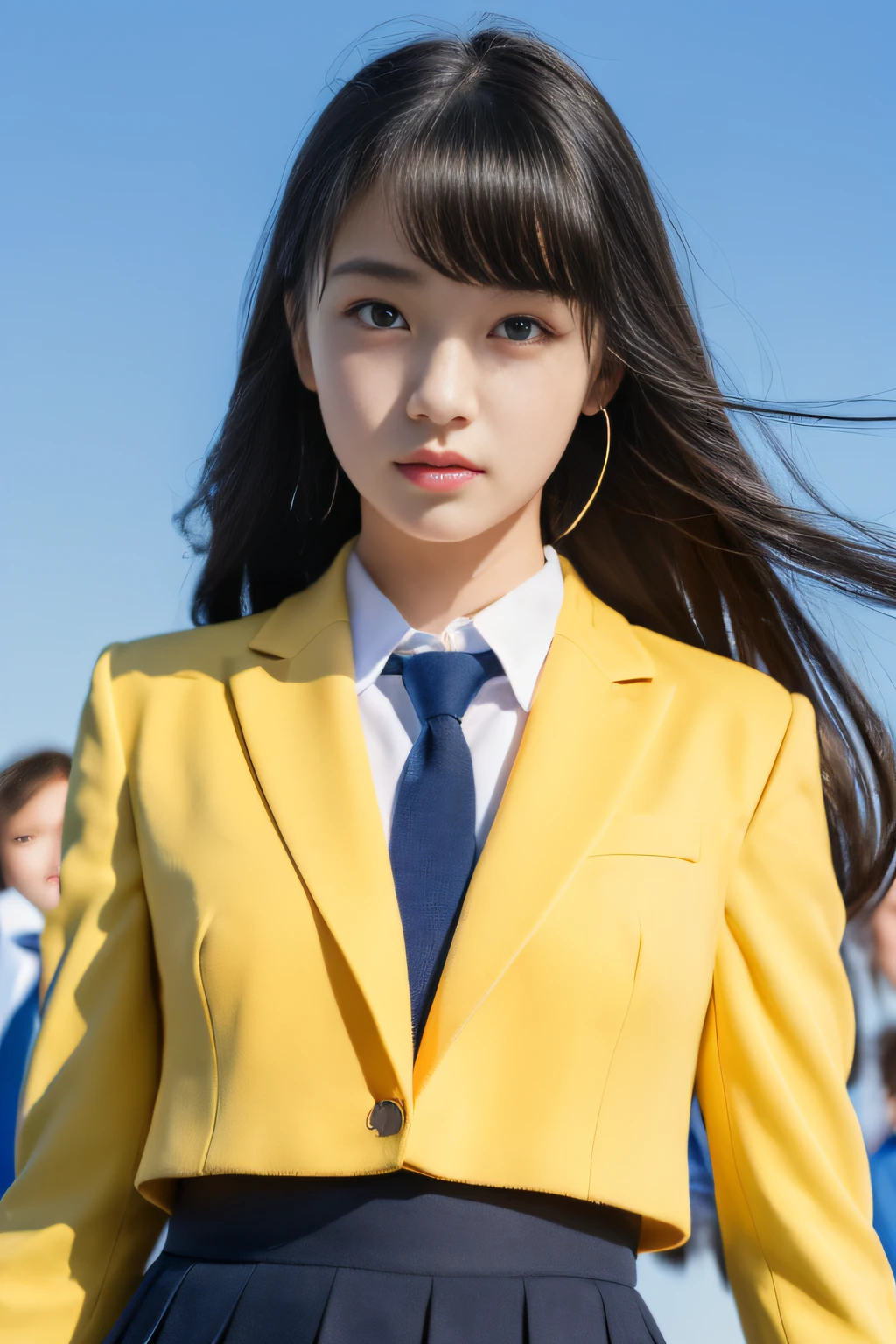 detailed and realistic portrait of a girl with a clean face), (round eyes and long flutters hair shot outside),staring at camera,magical photography, with dramatic lighting, photo realism, Ultra-detailed, (centered image composition), (close up shot:1.6),Best Quality,f/1. 8, 85mm, (18-year-old Asian female), black_heads,(black_eyes:1.2),(bangss),makeups,white_one-piece, (hazy blue_sky_Background with), ((full body shooting)), (Yellow Blazer, bows, Sneakers, Black stockings, High School Uniform: 1.2, )