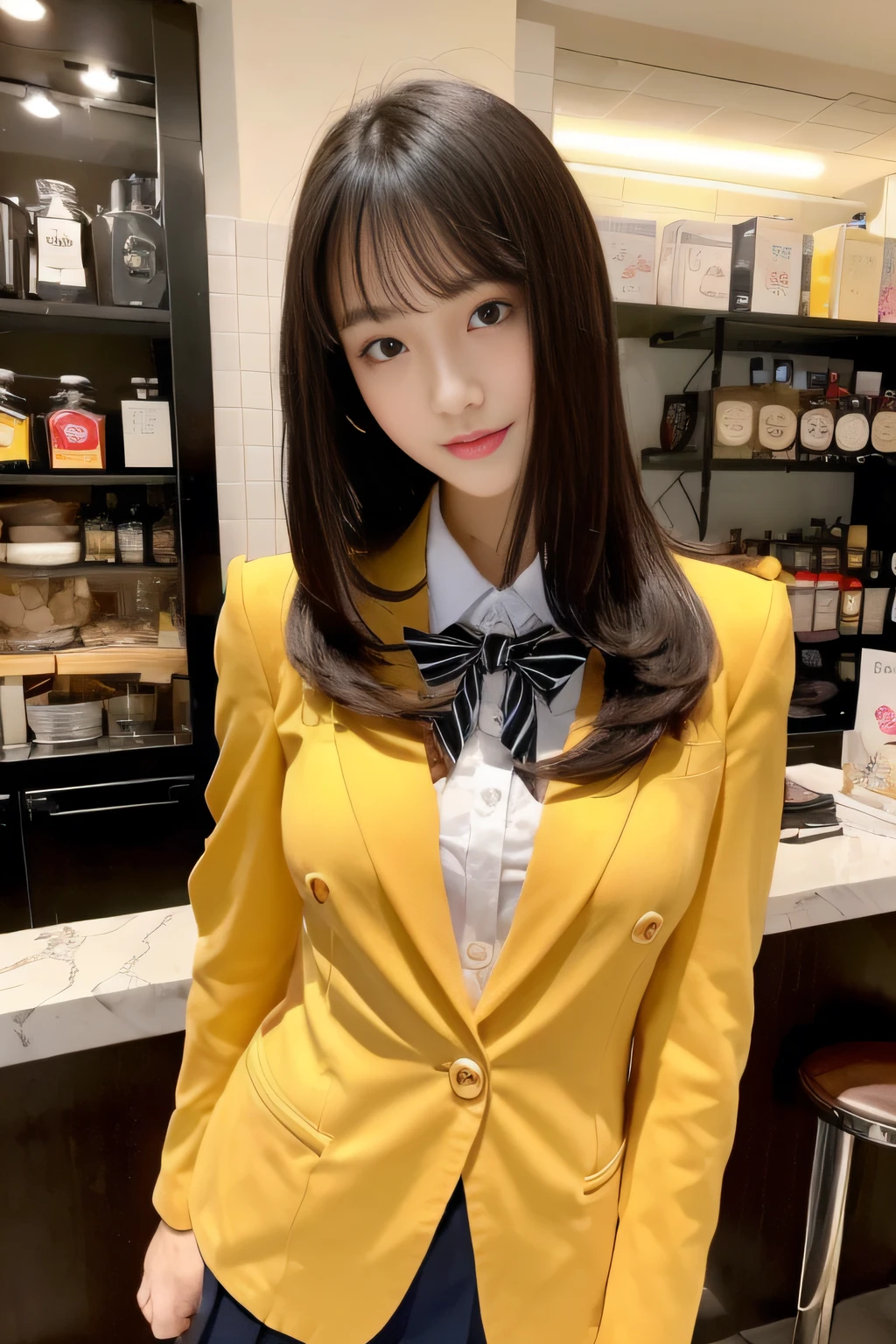 ((Best Quality, 8K, Masterpiece: 1.3)), a beauti, In addition, melon face, Friendly and cute, sweet smile, Pure desire, Slender body, (s whole body), (tilted head), ((looking at camera)), Medium Black Silky Straight Hair, Long flowing shoulders, round black big eyes, clear big eyes, moist red lips, Cafe shop background, ((full body shooting)), (Yellow Blazer, bows, Sneakers, Red Stockings, High School Uniform: 1.2, ), (Big breasts), (full body shots), ((bobbed hair))