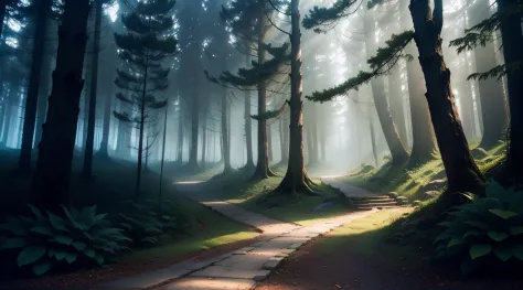 A winding path through a foggy and mysterious forest, iluminada pela luz de uma estrela distante, signifying the treacherous journey of trials and tribulations that followed the revelation of the betrayal