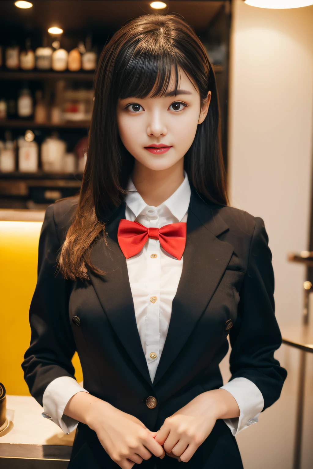 ((Best Quality, 8K, Masterpiece: 1.3)), a beauti, In addition, melon face, Friendly and cute, sweet smile, Pure desire, Slender body, (s whole body), (tilted head), ((looking at camera)), Medium Black Silky Straight Hair, Long flowing shoulders, round black big eyes, clear big eyes, moist red lips, Cafe shop background, ((full body shooting)), (Yellow Blazer, bows, Sneakers, Red Stockings, High School Uniform: 1.2, ), (Big breasts), (full body shots), ((bobbed hair))