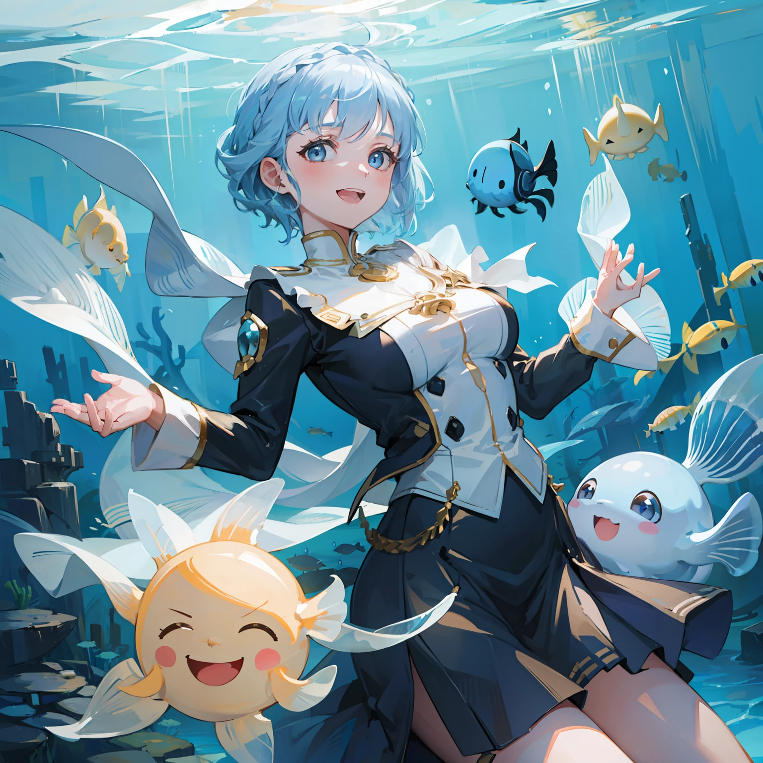 Master piece, high quality, best detail, a woman with light blue short hair, big eyes, big smile, dance under the sea, many colorful jellyfishes, many colorful fishes