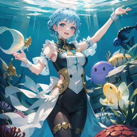 master piece, high quality, best detail, a woman with light blue short hair, big eyes, big smile, dance under the sea, many colo...