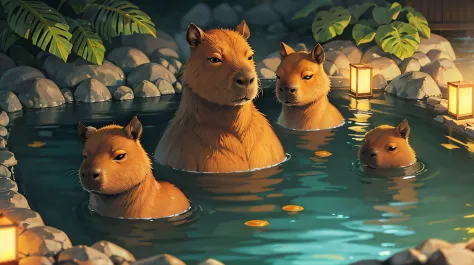 no humans, capybara, multiple capybara, baby capybara, wood barrel, weat wood, japanese nature, thermal pool, hot springs, natur...