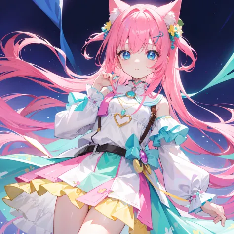 Cute girl with cat ears、（Alone 1.4）、Japan anime style、Moe、（Full Picture  2.0）、Authentic and highly detailed body、小柄、girl with、childish、10yaers  old、length hair、bangss、A pink-haired、Authentic and highly detailed  face、beautiful eyes