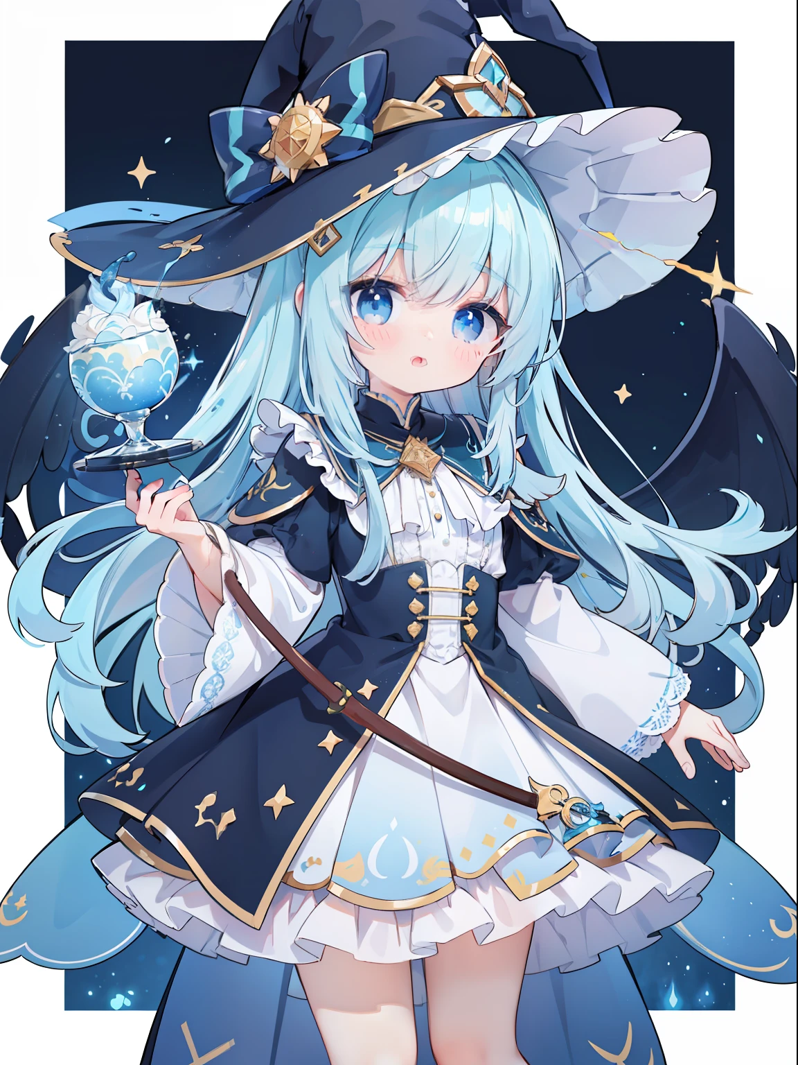 extremely detailed CG unified 8k wallpaper, very fine 8KCG wallpaper, absurderes， ，Best Quality ，ultra-detailliert ，Beautiful face  ，​masterpiece、​masterpiece、Top image quality、top-quality、lightblue hair、Light blue witch costume、witch's hat、Light blue face、Two-side-up、Light blue eyes、cute little