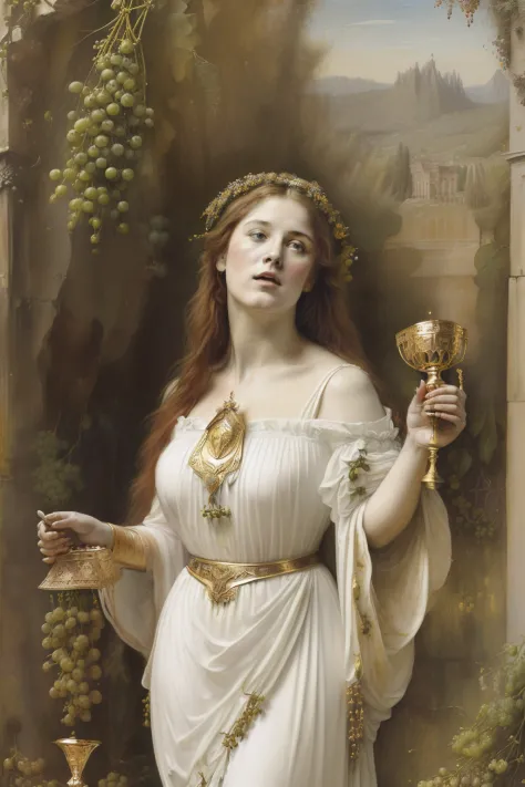 (((pre-raphaelite painting of a maiden in white singing while holding a golden chalice under bunches of grapes, roupa celta, boc...