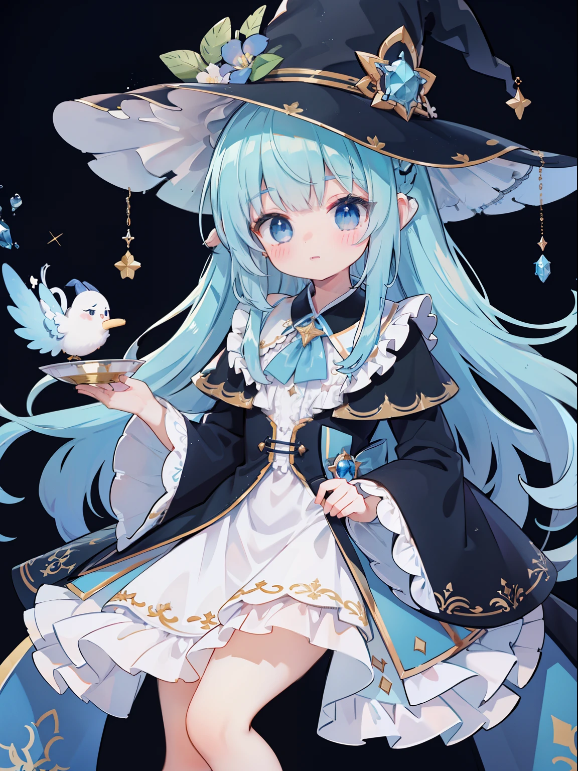 extremely detailed CG unified 8k wallpaper, very fine 8KCG wallpaper, absurderes， ，Best Quality ，ultra-detailliert ，Beautiful face  ，​masterpiece、​masterpiece、Top image quality、top-quality、lightblue hair、Light blue witch costume、witch's hat、Light blue face、Two-side-up、Light blue eyes、cute little