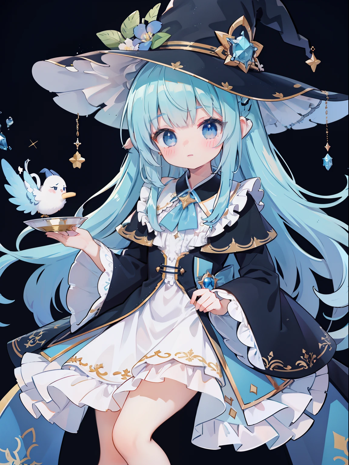 extremely detailed CG unified 8k wallpaper, very fine 8KCG wallpaper, absurderes，Lori ，Best Quality ，ultra-detailliert ，Beautiful face  ，​masterpiece、​masterpiece、Top image quality、top-quality、lightblue hair、Light blue witch costume、witch's hat、Light blue face、Two-side-up、Light blue eyes、cute little