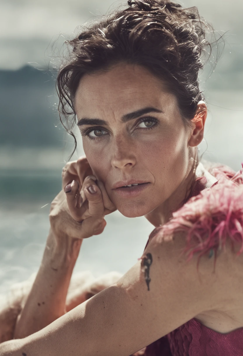 Arafed woman in a pink dress sitting on a beach - SeaArt AI
