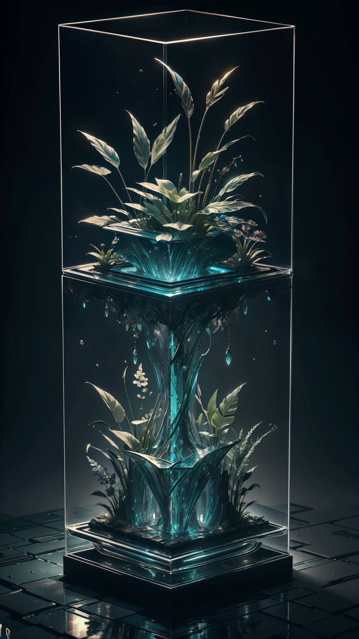 masterpiece of glass sculpture with plants inside, water, glowing, fantasy, high quality, high detail, best quality, rtx, 4k, 8k,