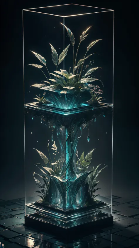 masterpiece of glass sculpture with plants inside, water, glowing, fantasy, high quality, high detail, best quality, rtx, 4k, 8k...