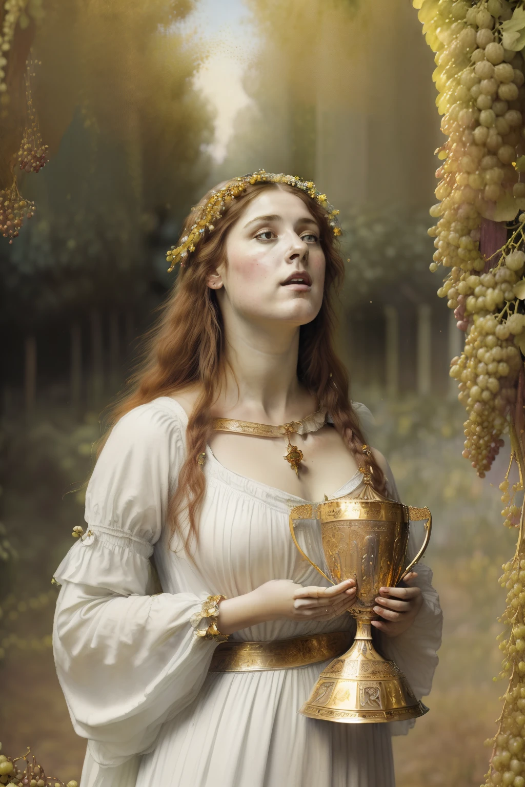 (((Pre-Raphaelite painting of a maiden in white singing while holding a golden chalice under bunches of grapes, roupa celta, boca aberta, is singing, Neck raised, Neck strap, coro, Santo Graal, paisagem celta, Floresta encantada)))