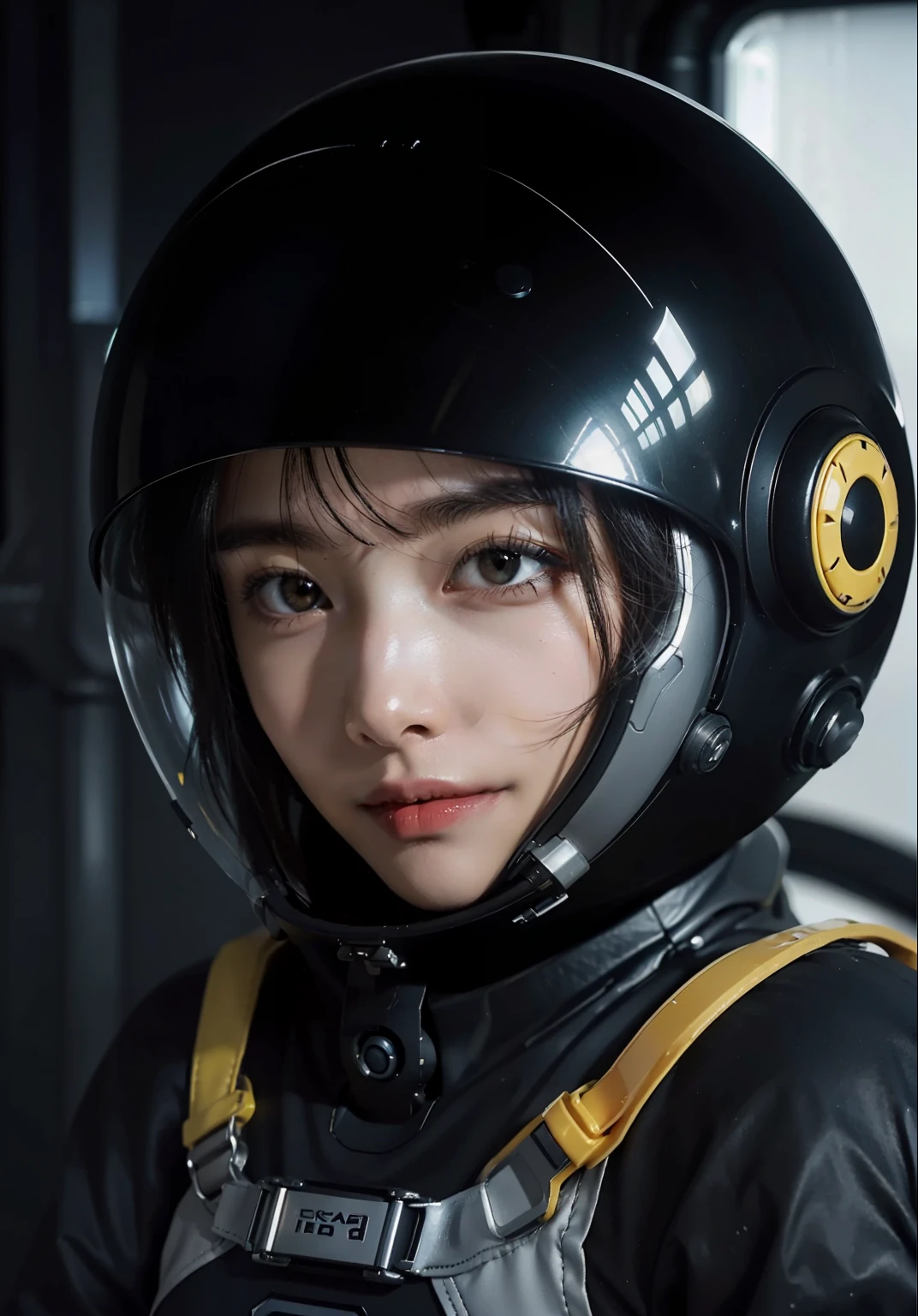 Highest image quality, outstanding details, ultra-high resolution, (realism:1.4), ((close up:1.5, from front, looking at viewer)), the best illustration, favor details, highly condensed 1girl, (cyberpunk,cybprg), a delicate and beautiful face, (short hair), (wearing baggy spacesuit with metal-ring-helmet-disconnecter, attached black and gray mecha, spacesuit-globes, yellow pipes and codes, flanges on spacesuit), (mark:radioactivity-hazard-symbol), ((revealed only head)), ((smile:0.75)), inside nobody spacestation platform