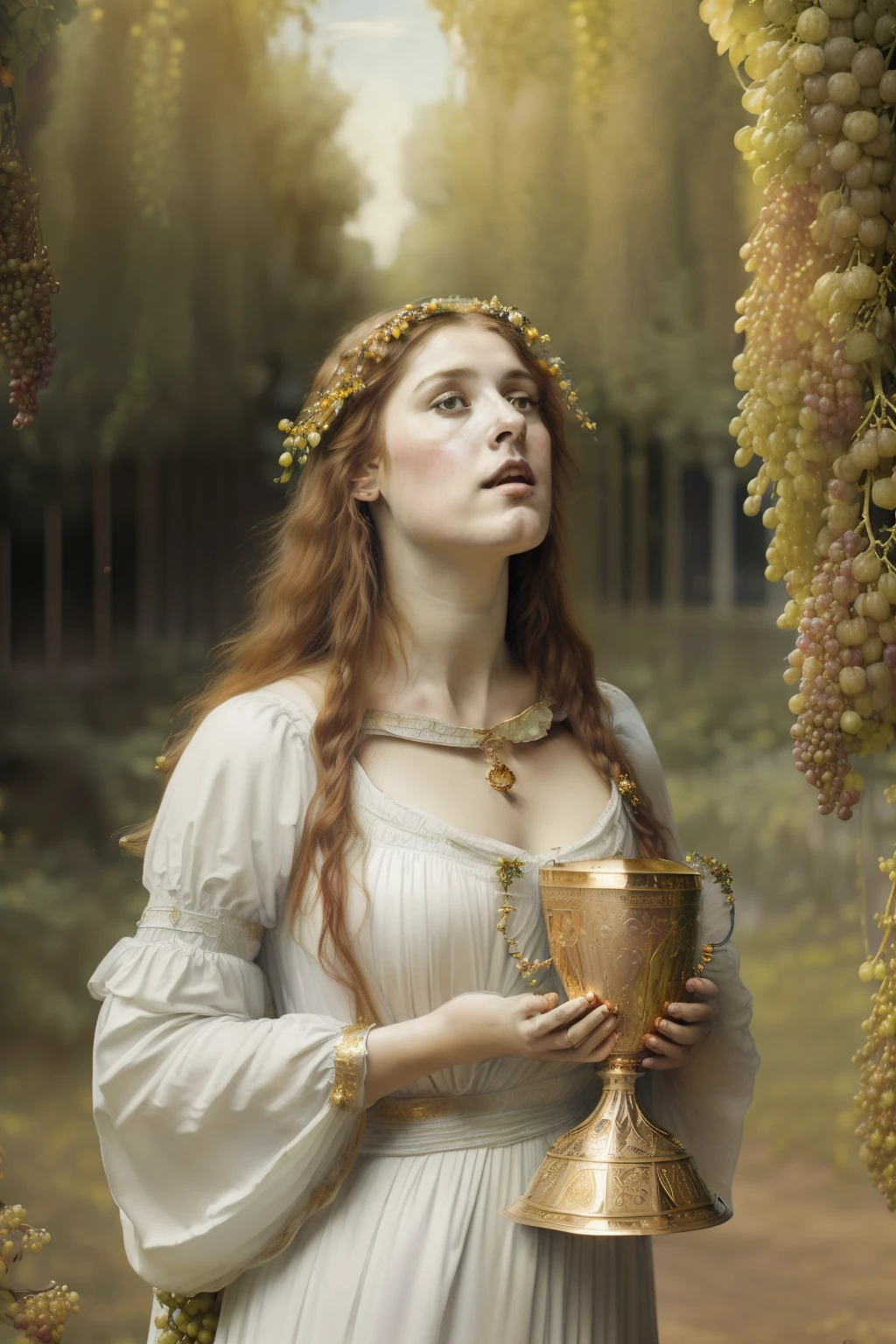 (((Pre-Raphaelite painting of a maiden in white singing while holding a golden chalice under bunches of grapes, roupa celta, boca aberta, is singing, Neck raised, Neck strap, coro, Santo Graal, paisagem celta, Floresta encantada)))