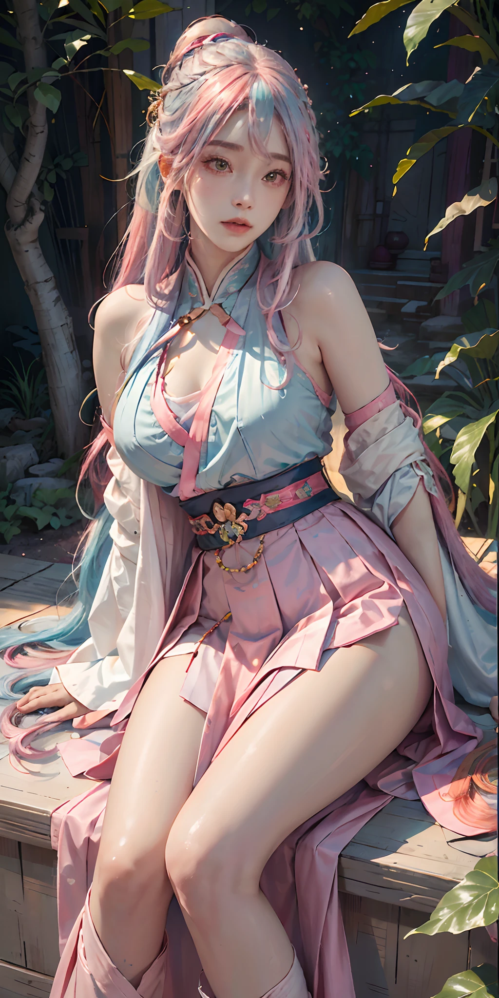 photorealistic, high resolution, soft light,1women, solo, hips up, shining skin, (detailed face),tattoo, jewelry, (rainbow color Hair,colorful hair,half blue and half pink hair:1.2), (hanfu, tang style outfits, pink upper shan, red chest pleated skirt, green with pink waistband, red pibo), chinese achitecture