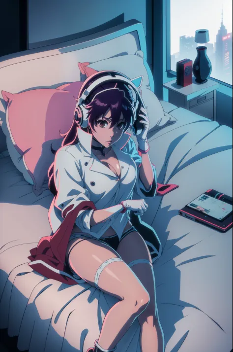 anime girl laying on bed with cell phone and headphones, lofi girl, by Bambietta, anime lover, pixiv, trending on pixiv, digital art on pixiv, resting, pixiv trending, lofi art, , digital anime illustration, gloves, wet underwear, hide hands, sexy