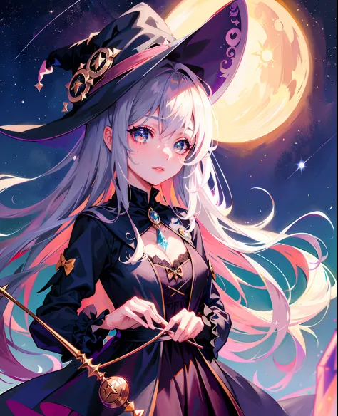 beautiful girl, zerochan art, trending on artstation pixiv, ((witch's hat)), ((fantasy witch flowing dress)), masterpiece, best quality, beautiful face, sparkling eyes, celestial dark background, Halloween colors, colorful candy, magic