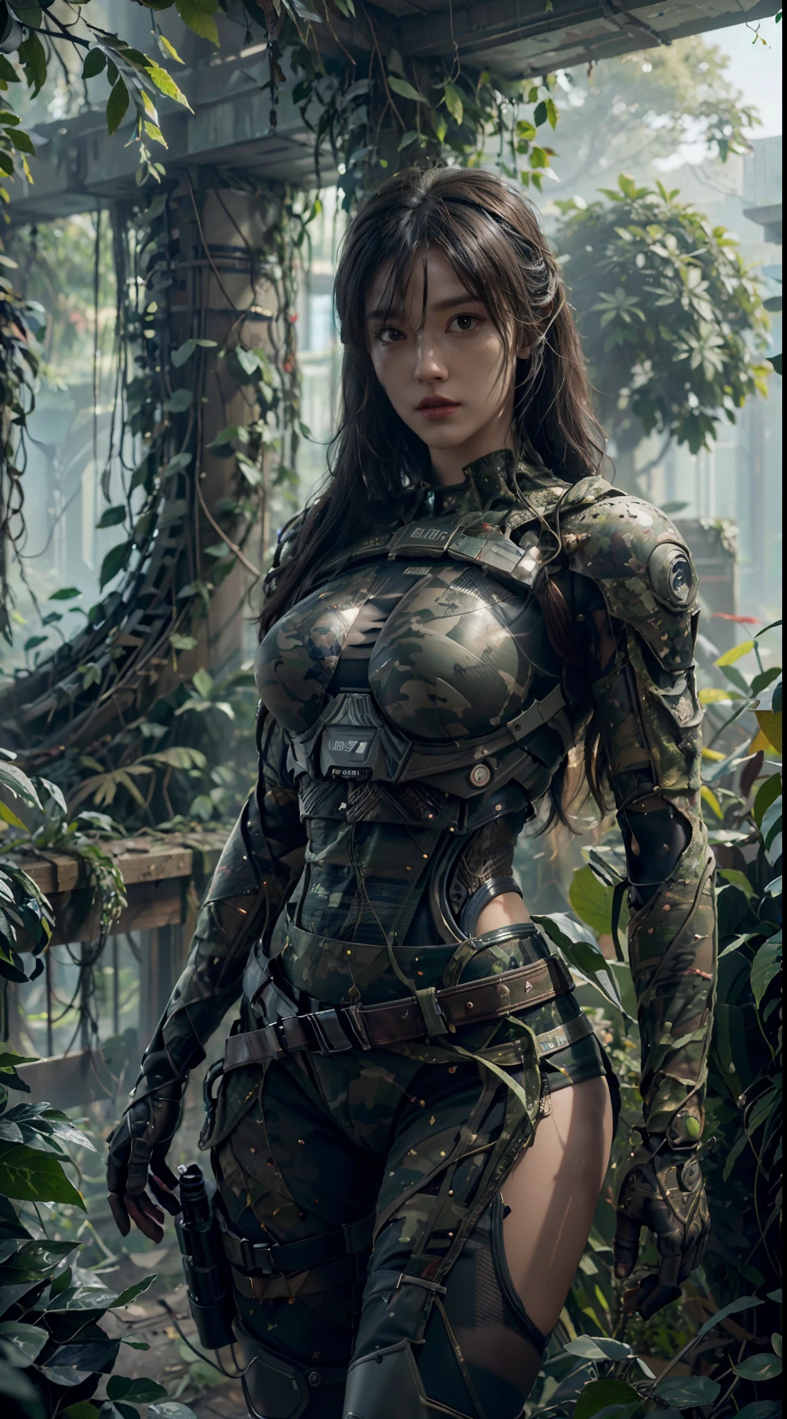 ((Best quality)), ((masterpiece)), (highly detailed:1.3), 3D, beautiful (cyberpunk:1.2) special forces, robort,female with thick voluminous hair wearing (wearing camouflage_uniform:1.1), body armour,cape,digital (camouflage:1.3),HDR (High Dynamic Range),Ray Tracing,NVIDIA RTX,Super-Resolution,Unreal 5,Subsurface scattering,PBR Texturing,Post-processing,Anisotropic Filtering,Depth-of-field,Maximum clarity and sharpness,Multi-layered textures,Albedo and Specular maps,Surface shading,Accurate simulation of light-material interaction,Perfect proportions,Octane Render,Two-tone lighting,Wide aperture,Low ISO,White balance,Rule of thirds,8K RAW,Efficient Sub-Pixel,sub-pixel convolution