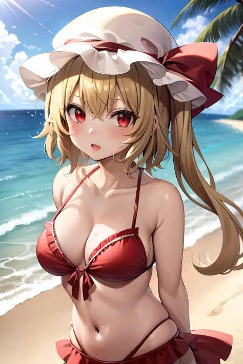 masutepiece, Best Quality, 1girl in,Flandre Scarlet,Blonde side ponytail、Sea and sandy beach background、I'm wearing a white mob hat、has colorful feathers、Bikini with red ruffles、ＨCup Breast、red blush、Enchanted Girl