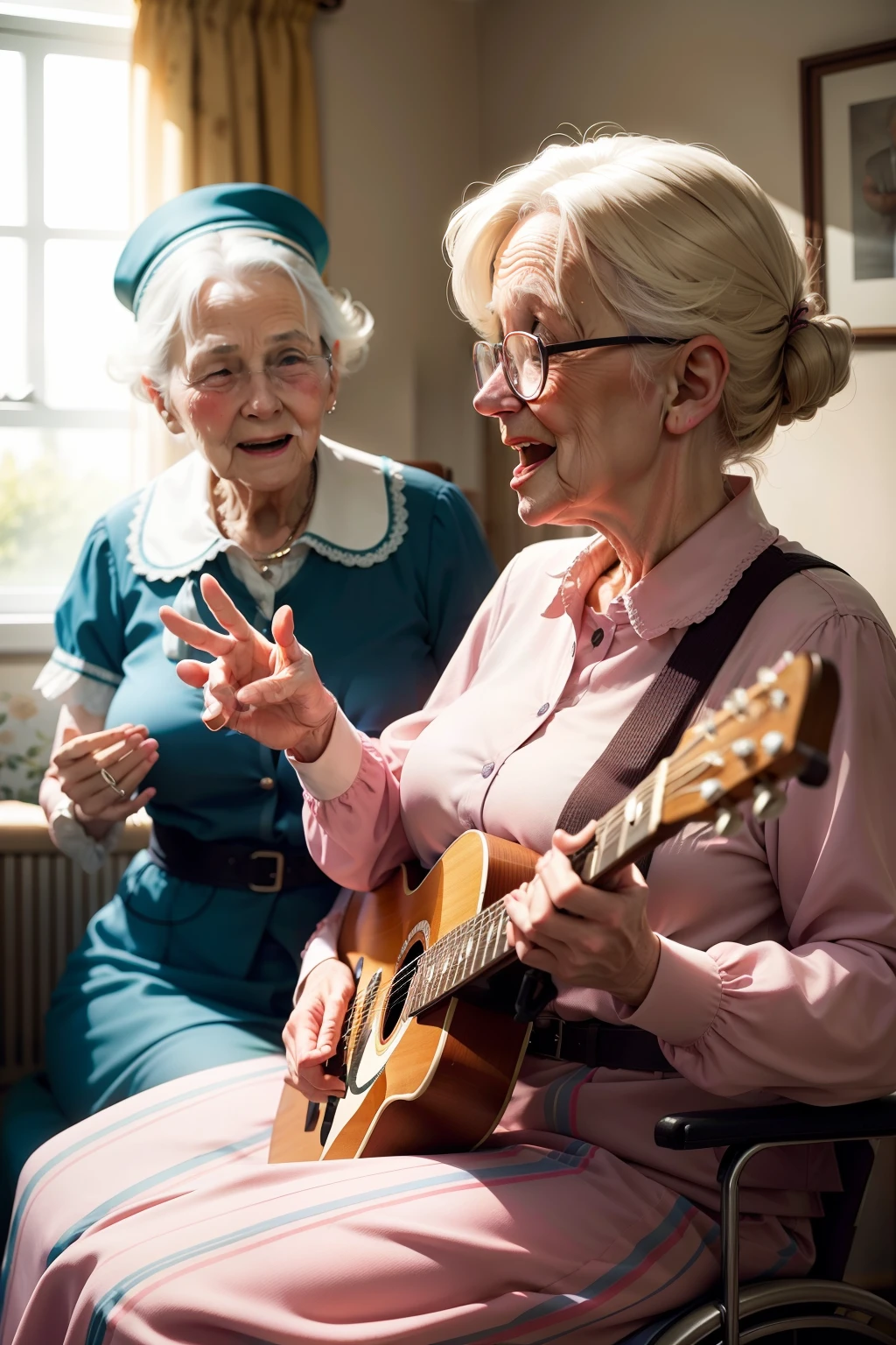 Two older women in a wheelchair playing music together - SeaArt AI