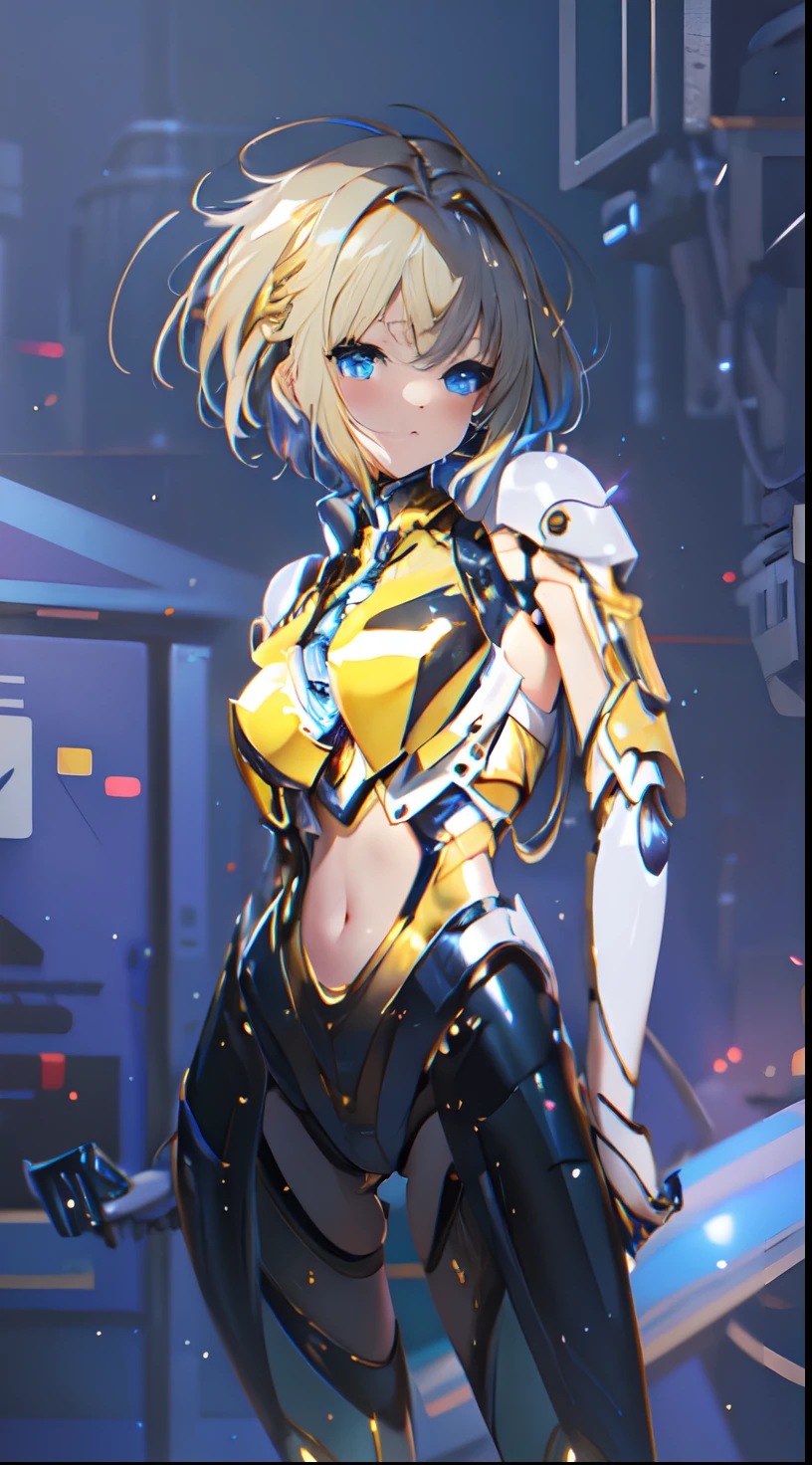 High Quality, Ultra High Resolution, Ultra Realistic, Super Detailed, Robot, mecha, metal bodysuit, Slim, beautiful, blue eyes, 1girl, yellow hair, short hair, Full Face, Full Body, faint blush, Metallic, Metallic, Luxury, Metallic, One, BREAK, concert stage, detailed background, depth of field, cinematic,