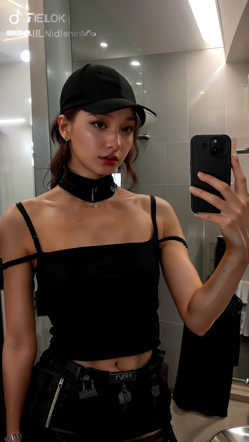 Beautiful woman medium hair, wearing cap, cyberpunk style short clothes, araffed woman taking a selfie in a bathroom mirror, naked. leaked image, she is wearing a black tank top, she is wearing a black dress, leaked photo, sexy look, tiny black bra, instagram model, wearing a sexy cropped top, bella hadid, wearing a black bodysuit, by Eva Frankfurther, face like ester exposito