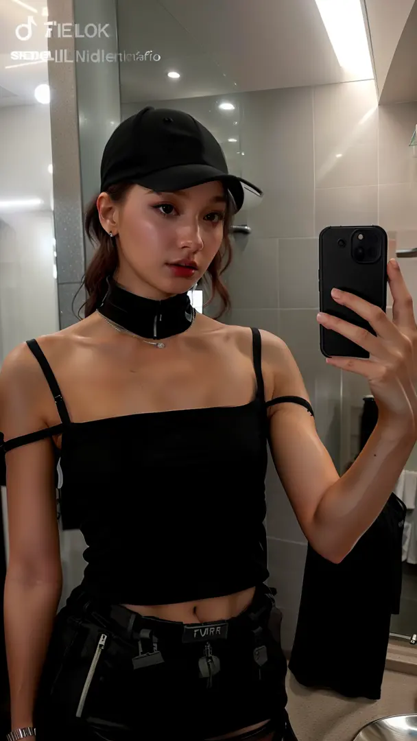 Beautiful woman medium hair, wearing cap, cyberpunk style short clothes, araffed woman taking a selfie in a bathroom mirror, nak...