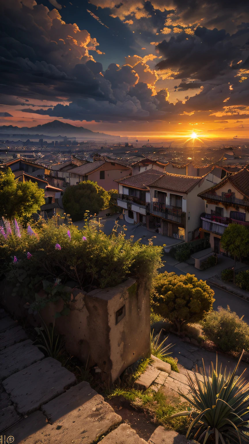 (realista), alturas, fantasi, cielos despejados, compositing, puesta de sol, (HDR:1.5), al aire libre, detalles intrincados