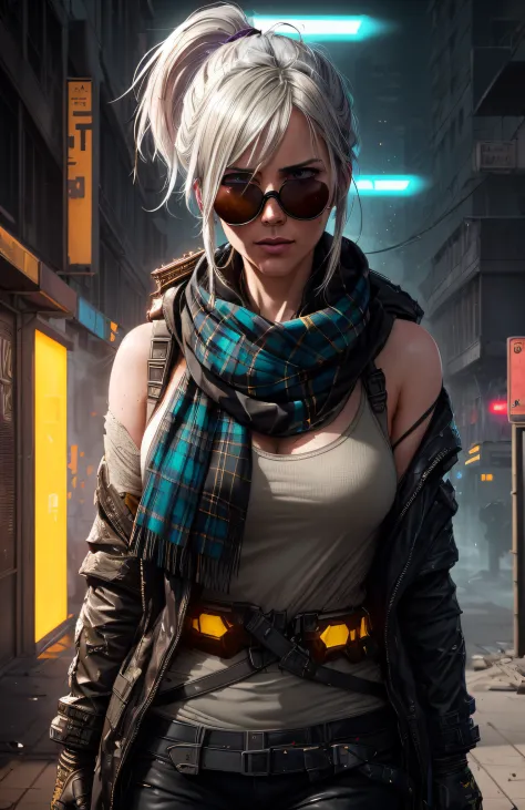 (dark shot:1.1), epic realistic, portrait of halo, sunglasses, blue eyes, tartan scarf, white hair by atey ghailan, by greg rutk...