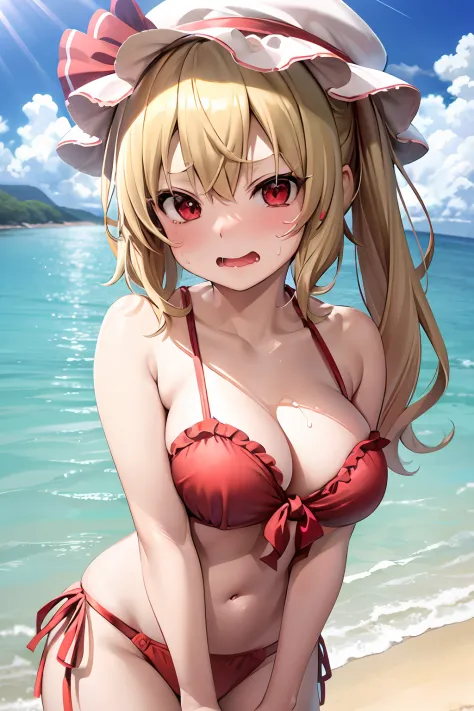 masutepiece, Best Quality, 1girl in,Flandre Scarlet,Blonde side ponytail、Sea and sandy beach background、I'm wearing a white mob hat、has colorful feathers、Bikini with red ruffles、ＨCup Breast、red blush、full body seen、Dissatisfied face