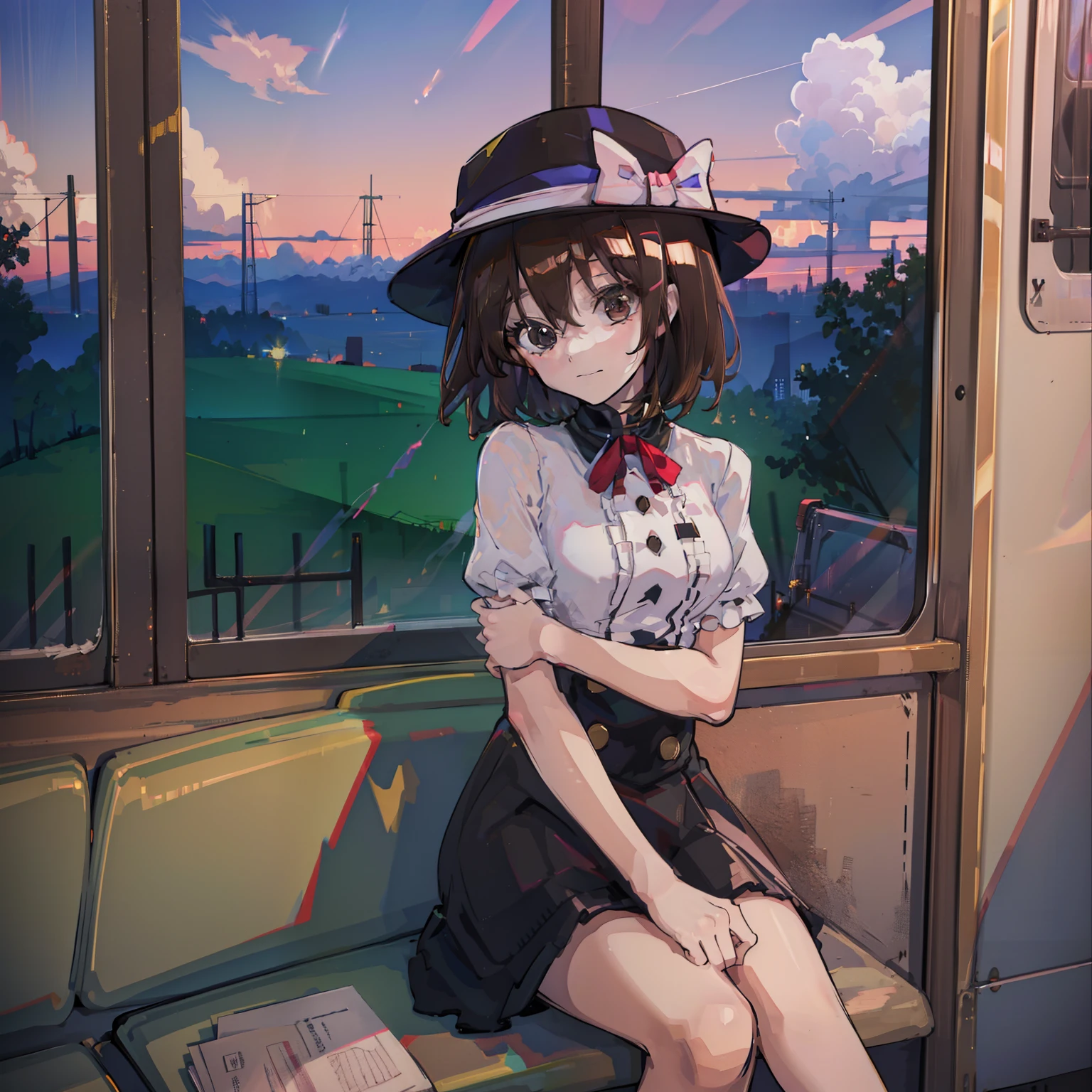 masutepiece, Fine detail, 4K, 8K, 12K, Solo, 1 person, Beautiful Girl, caucasian female, Upper body, Brown hair, Short hair, hat, Sitting, Train, Background outside the window, countryside, thunder clouds, Summer